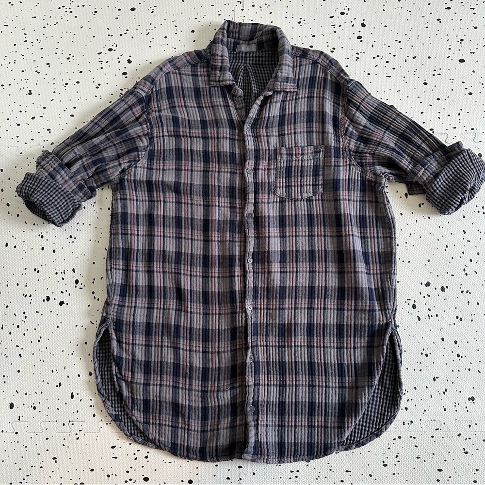 CP Shades Plaid Button Down Double Gauze Tunic - Black + Gray - Women's Large